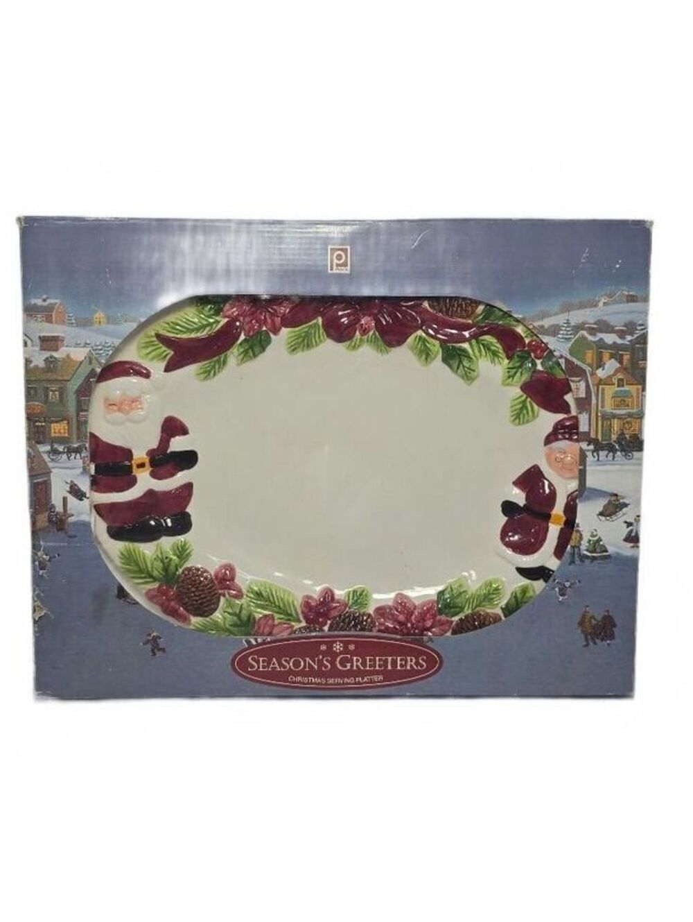 Season's Greeters Christmas Serving Platter with Santa and Pinecone Design